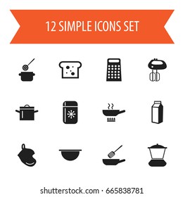 Set Of 12 Editable Kitchen Icons. Includes Symbols Such As Fridge, Pan, Skimmer And More. Can Be Used For Web, Mobile, UI And Infographic Design.