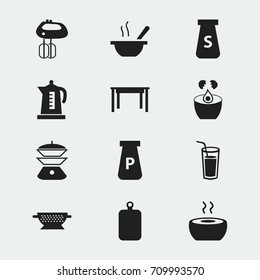 Set Of 12 Editable Kitchen Icons. Includes Symbols Such As Kettle, Drink, Soup And More. Can Be Used For Web, Mobile, UI And Infographic Design.