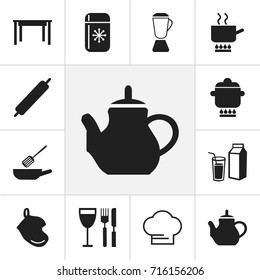 Set Of 12 Editable Kitchen Icons. Includes Symbols Such As Frying Pan, Teapot, Cooking Pot And More. Can Be Used For Web, Mobile, UI And Infographic Design.