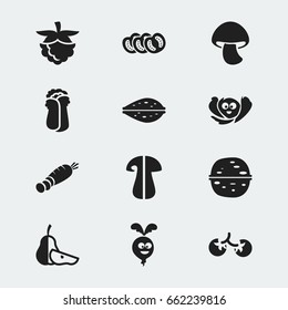 Set Of 12 Editable Kitchenware Icons. Includes Symbols Such As Cherry, Fungus, Laughing Cabbage And More. Can Be Used For Web, Mobile, UI And Infographic Design.
