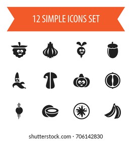 Set Of 12 Editable Kitchenware Icons. Includes Symbols Such As Pumpkin, Radish, Jungle Fruit And More. Can Be Used For Web, Mobile, UI And Infographic Design.