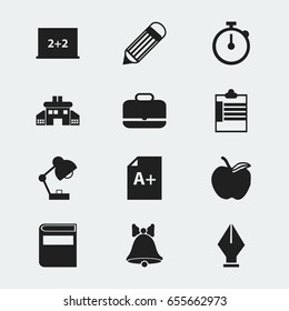 Set Of 12 Editable Knowledge Icons. Includes Symbols Such As Apple, Timer, Portfolio And More. Can Be Used For Web, Mobile, UI And Infographic Design.