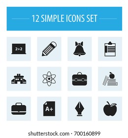 Set Of 12 Editable Knowledge Icons. Includes Symbols Such As Portfolio, Kindergarten, Trunk And More. Can Be Used For Web, Mobile, UI And Infographic Design.