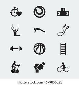 Set Of 12 Editable Lifestyle Icons. Includes Symbols Such As Platform For Winner, Jump Training, Bicycle Rider And More. Can Be Used For Web, Mobile, UI And Infographic Design.