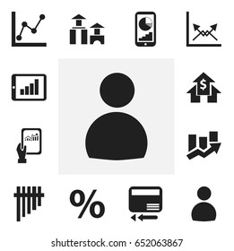 Set Of 12 Editable Logical Icons. Includes Symbols Such As Graph Information, Bar Chart, Upward Direction And More. Can Be Used For Web, Mobile, UI And Infographic Design.