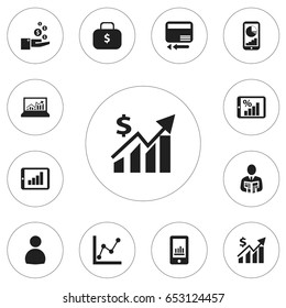 Set Of 12 Editable Logical Icons. Includes Symbols Such As Smartphone, Phone Statistics, Bar Chart And More. Can Be Used For Web, Mobile, UI And Infographic Design.
