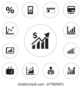 Set Of 12 Editable Logical Icons. Includes Symbols Such As Graph Information, Statistic, Percent And More. Can Be Used For Web, Mobile, UI And Infographic Design.