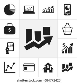 Set Of 12 Editable Logical Icons. Includes Symbols Such As Circle Diagram, Phone Statistics, Trading Purse And More. Can Be Used For Web, Mobile, UI And Infographic Design.