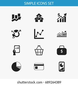 Set Of 12 Editable Logical Icons. Includes Symbols Such As Revenue, Trading Purse, Graph Information And More. Can Be Used For Web, Mobile, UI And Infographic Design.