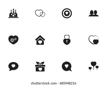 Set Of 12 Editable Love Icons. Includes Symbols Such As Proclamation, Dartboard, Present And More. Can Be Used For Web, Mobile, UI And Infographic Design.