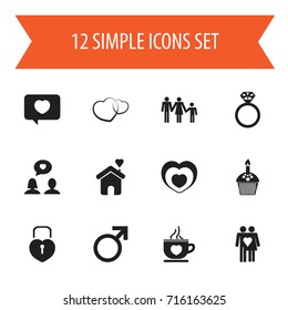 Set Of 12 Editable Love Icons. Includes Symbols Such As Coffee Cup, Couple, Locked Heart And More. Can Be Used For Web, Mobile, UI And Infographic Design.