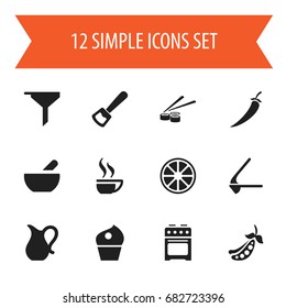 Set Of 12 Editable Meal Icons. Includes Symbols Such As Filtering, Cake, Coffee Cup And More. Can Be Used For Web, Mobile, UI And Infographic Design.
