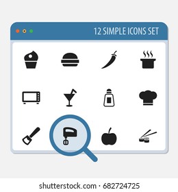 Set Of 12 Editable Meal Icons. Includes Symbols Such As Chili, Bar, Cook Cap And More. Can Be Used For Web, Mobile, UI And Infographic Design.