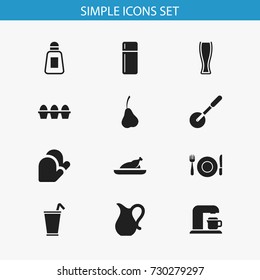 Set Of 12 Editable Meal Icons. Includes Symbols Such As Saltshaker, Ale, Knife Roller And More. Can Be Used For Web, Mobile, UI And Infographic Design.