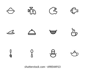 Set Of 12 Editable Meal Outline Icons. Includes Symbols Such As Grill, Pig, Cappuccino And More. Can Be Used For Web, Mobile, UI And Infographic Design.