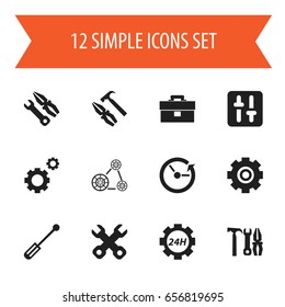 Set Of 12 Editable Mechanic Icons. Includes Symbols Such As Cambelt, Portfolio, Equalizer And More. Can Be Used For Web, Mobile, UI And Infographic Design.