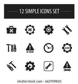 Set Of 12 Editable Mechanic Icons. Includes Symbols Such As Fixing Equipment, Reconstruction, Caution And More. Can Be Used For Web, Mobile, UI And Infographic Design.