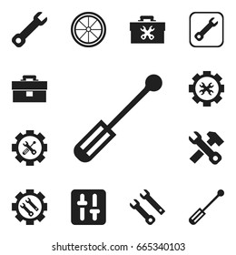 Set Of 12 Editable Mechanic Icons. Includes Symbols Such As Screwdriver Wrench, Options, Settings And More. Can Be Used For Web, Mobile, UI And Infographic Design.