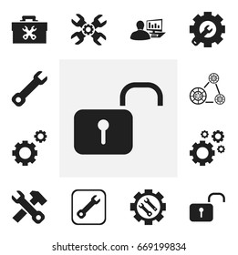 Set Of 12 Editable Mechanic Icons. Includes Symbols Such As Reconstruction, Technical Support, Computer Statistics And More. Can Be Used For Web, Mobile, UI And Infographic Design.