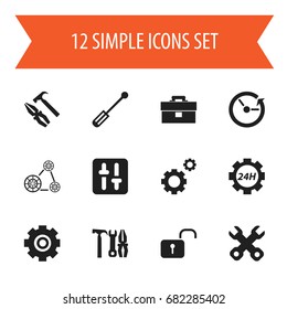 Set Of 12 Editable Mechanic Icons. Includes Symbols Such As Mechanic Cogs, Gear, Time And More. Can Be Used For Web, Mobile, UI And Infographic Design.