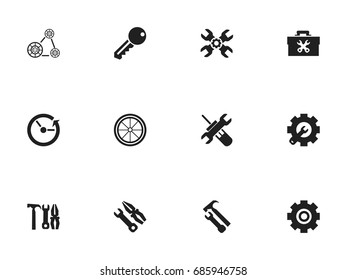 Set Of 12 Editable Mechanic Icons. Includes Symbols Such As Instrument, Time, Wrench Repair And More. Can Be Used For Web, Mobile, UI And Infographic Design.