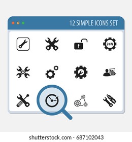 Set Of 12 Editable Mechanic Icons. Includes Symbols Such As Wrench Repair, Build Equipment, Computer Statistics And More. Can Be Used For Web, Mobile, UI And Infographic Design.