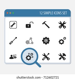 Set Of 12 Editable Mechanic Icons. Includes Symbols Such As Handle Hit, Cambelt, Gear. Can Be Used For Web, Mobile, UI And Infographic Design.