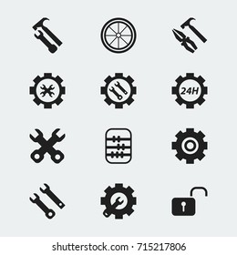 Set Of 12 Editable Mechanic Icons. Includes Symbols Such As Tyre, Gear, Wrench Repair And More. Can Be Used For Web, Mobile, UI And Infographic Design.