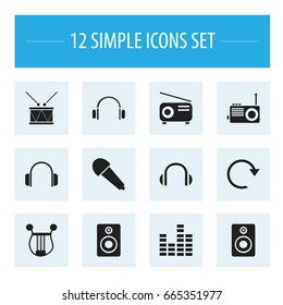 Set Of 12 Editable Media Icons. Includes Symbols Such As Earmuff, Radio, Refresh And More. Can Be Used For Web, Mobile, UI And Infographic Design.