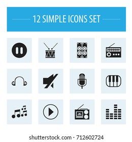 Set Of 12 Editable Media Icons. Includes Symbols Such As Drum, Cassette Player, Tone And More. Can Be Used For Web, Mobile, UI And Infographic Design.