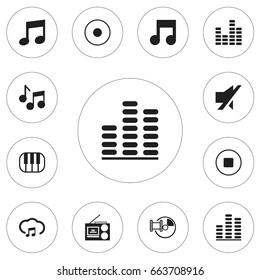 Set Of 12 Editable Melody Icons. Includes Symbols Such As Equalizer, Break Music, Cassette Player And More. Can Be Used For Web, Mobile, UI And Infographic Design.
