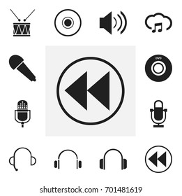 Set Of 12 Editable Melody Icons. Includes Symbols Such As Phonogram, Sound, Backward And More. Can Be Used For Web, Mobile, UI And Infographic Design.