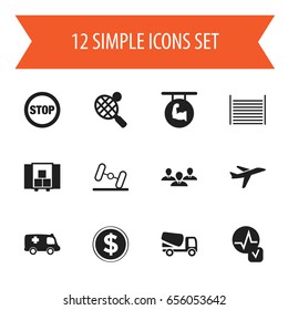Set Of 12 Editable Mixed Icons. Includes Symbols Such As Biceps, Group, Aircraft And More. Can Be Used For Web, Mobile, UI And Infographic Design.