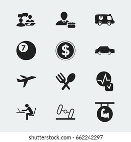 Set Of 12 Editable Mixed Icons. Includes Symbols Such As Dumbbell, Aircraft, Currency And More. Can Be Used For Web, Mobile, UI And Infographic Design.