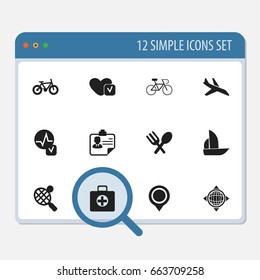 Set Of 12 Editable Mixed Icons. Includes Symbols Such As First Aid Box, World, Identification And More. Can Be Used For Web, Mobile, UI And Infographic Design.