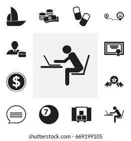 Set Of 12 Editable Mixed Icons. Includes Symbols Such As Programmer, Billiard, Coins And More. Can Be Used For Web, Mobile, UI And Infographic Design.