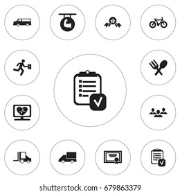 Set Of 12 Editable Mixed Icons. Includes Symbols Such As Businessman, Van, Cutlery And More. Can Be Used For Web, Mobile, UI And Infographic Design.