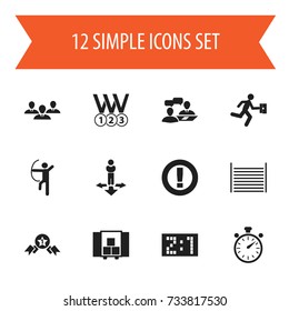 Set Of 12 Editable Mixed Icons. Includes Symbols Such As Chronometer, Dialogue, Bowman And More. Can Be Used For Web, Mobile, UI And Infographic Design.