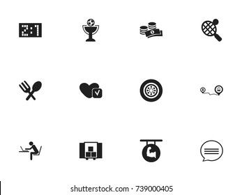 Set Of 12 Editable Mixed Icons. Includes Symbols Such As Programmer, Cutlery, Biceps And More. Can Be Used For Web, Mobile, UI And Infographic Design.