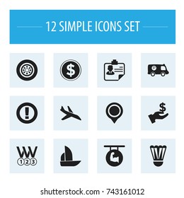 Set Of 12 Editable Mixed Icons. Includes Symbols Such As Plane, Police Vehicle, Tire And More. Can Be Used For Web, Mobile, UI And Infographic Design.