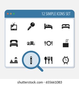 Set Of 12 Editable Motel Icons. Includes Symbols Such As Alarm, Pool, Tv And More. Can Be Used For Web, Mobile, UI And Infographic Design.
