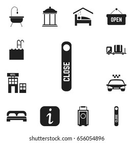 Set Of 12 Editable Motel Icons. Includes Symbols Such As Bed, Baggage, Information Sign And More. Can Be Used For Web, Mobile, UI And Infographic Design.