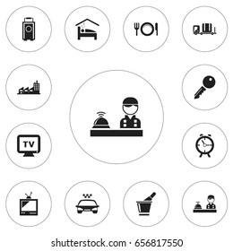 Set Of 12 Editable Motel Icons. Includes Symbols Such As Alarm, Check In, Champagne And More. Can Be Used For Web, Mobile, UI And Infographic Design.