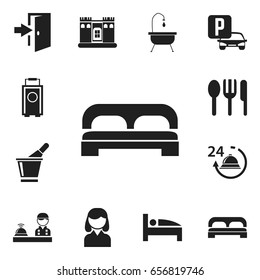 Set Of 12 Editable Motel Icons. Includes Symbols Such As Auto Stand, Restaurant, Reception. Can Be Used For Web, Mobile, UI And Infographic Design.