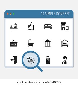 Set Of 12 Editable Motel Icons. Includes Symbols Such As Employee, Tv, Shower And More. Can Be Used For Web, Mobile, UI And Infographic Design.