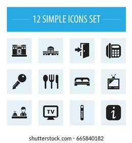 Set Of 12 Editable Motel Icons. Includes Symbols Such As Townhouse, Phone, Check In And More. Can Be Used For Web, Mobile, UI And Infographic Design.