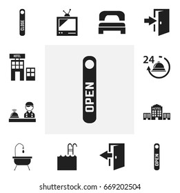 Set Of 12 Editable Motel Icons. Includes Symbols Such As Sleeping, Reception, Outlet And More. Can Be Used For Web, Mobile, UI And Infographic Design.