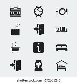 Set Of 12 Editable Motel Icons. Includes Symbols Such As Alarm, Outlet, Female And More. Can Be Used For Web, Mobile, UI And Infographic Design.