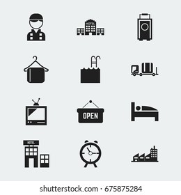 Set Of 12 Editable Motel Icons. Includes Symbols Such As Opened Placard, Pool, Tv And More. Can Be Used For Web, Mobile, UI And Infographic Design.