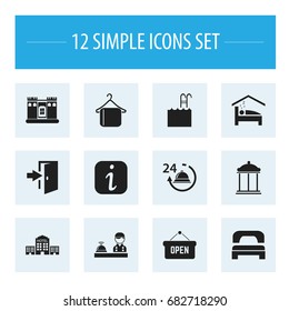 Set Of 12 Editable Motel Icons. Includes Symbols Such As Opened Placard, Fortress, Sleeping And More. Can Be Used For Web, Mobile, UI And Infographic Design.